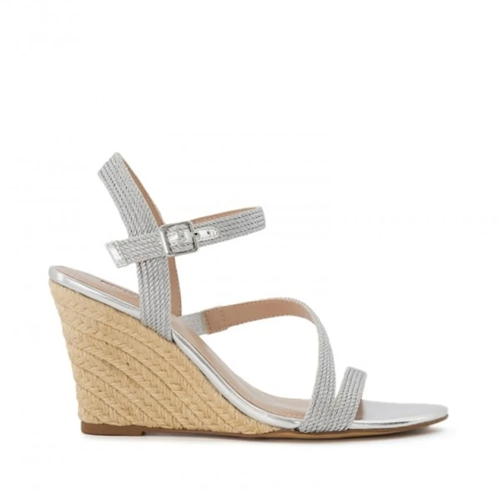 Dune London Women's Silver Kaia Ankle Strappy Wedges Sandals Size 8